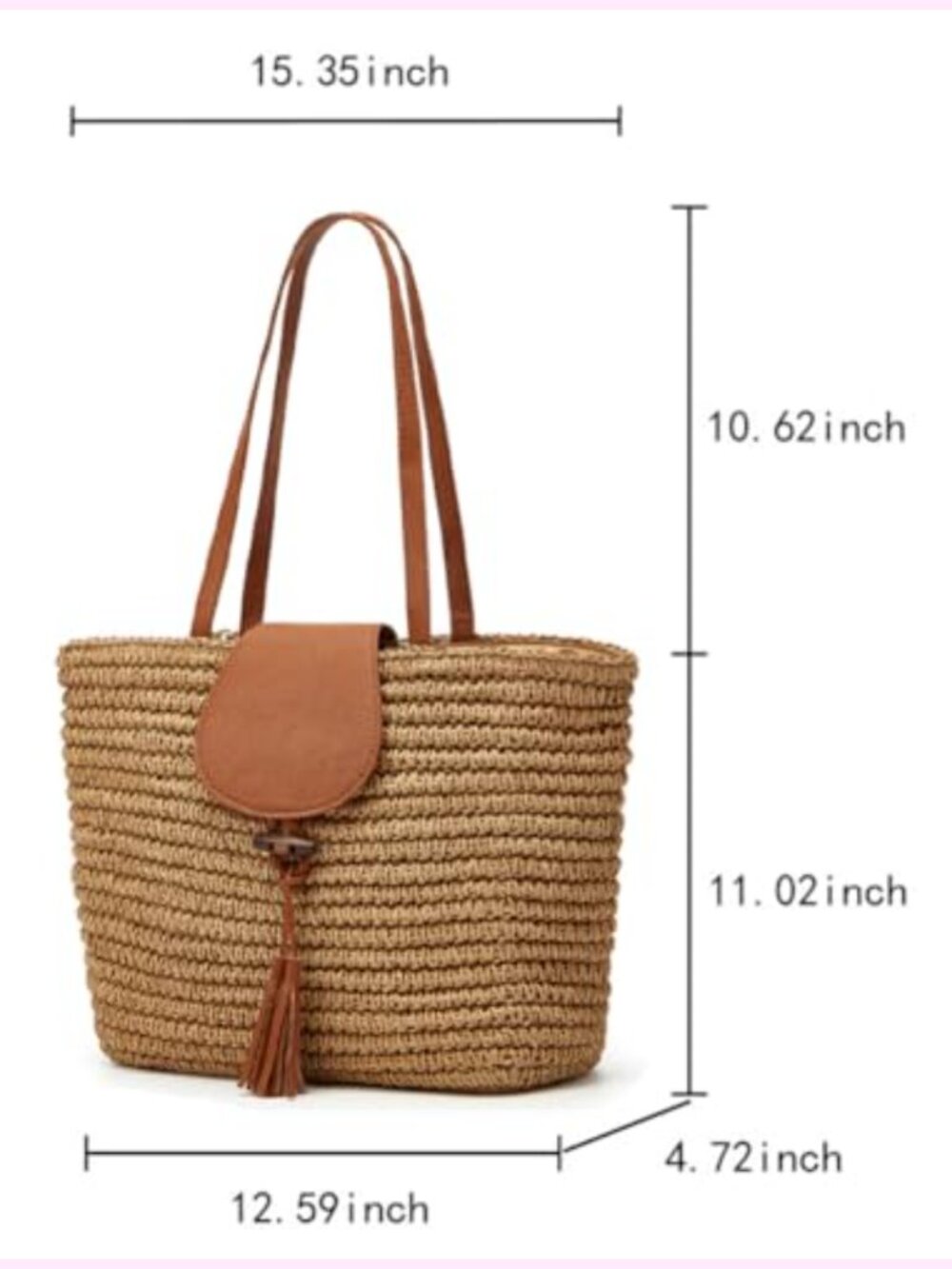 Large Woven Straw Tote Beach Bag with Tassel, Summer Vacation Handbag - Picture 2 of 6